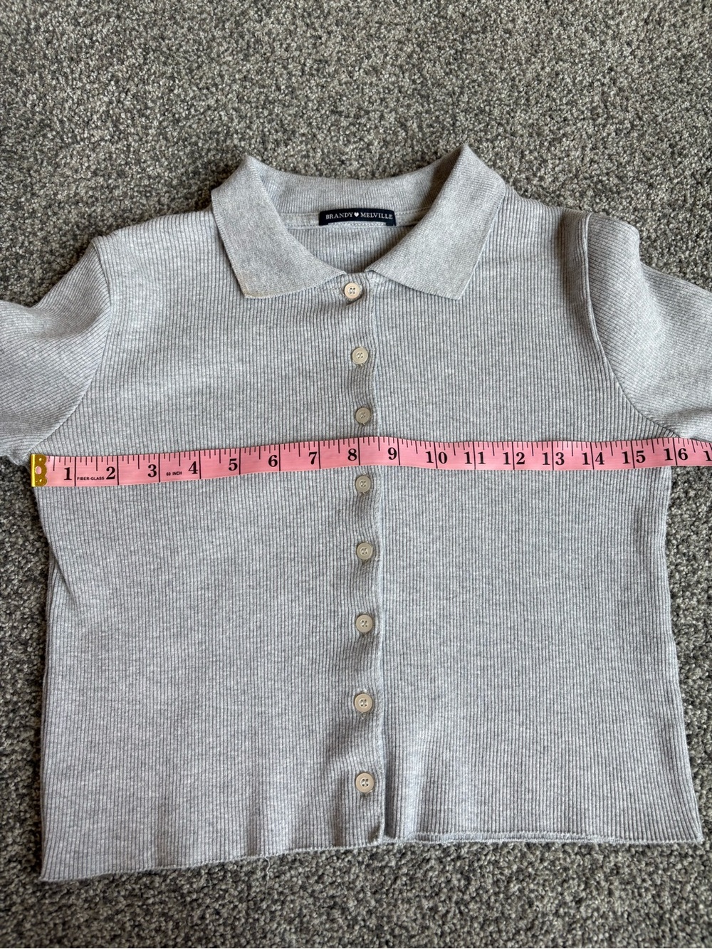 Brandy Melville Light Grey Ribbed Collared Long Sleeve Cropped Polo Shirt OS - Picture 6 of 8